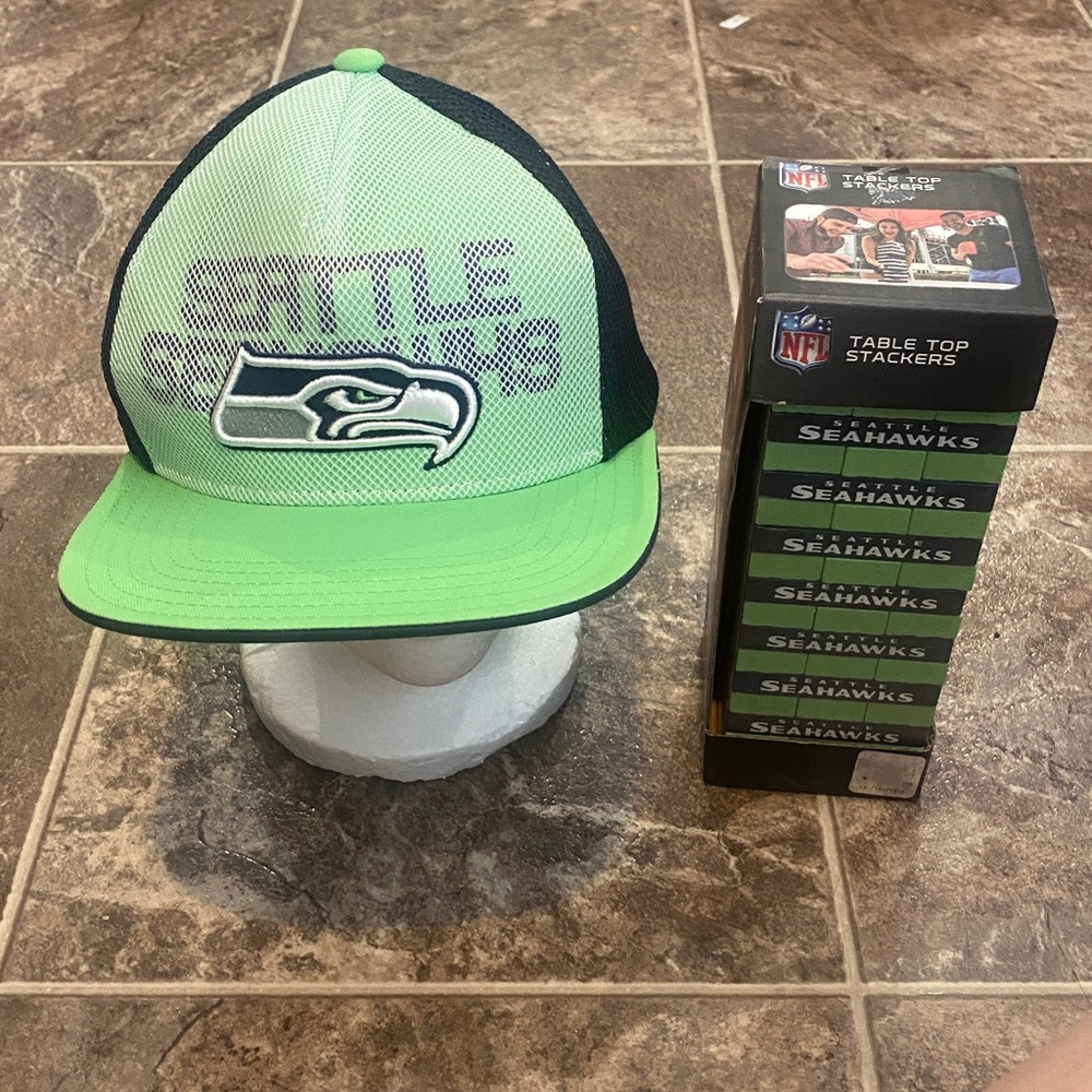 New In Box Table Top Stackers Game & NWOT Youth Seahawks Hat Bundle